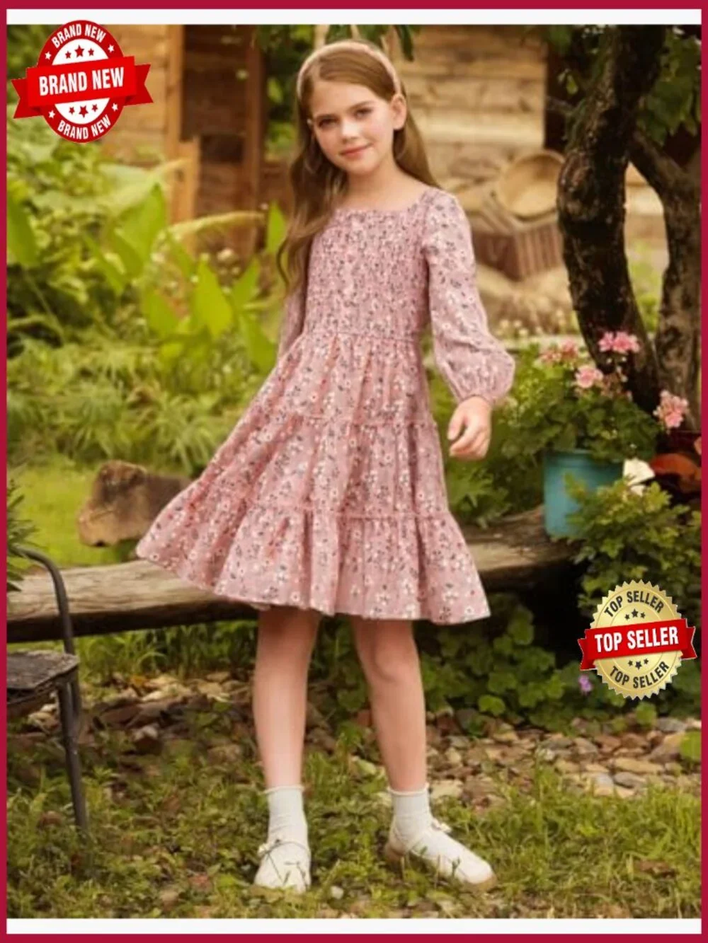 Girls Long Sleeve Square Neck Smocked Tiered A-Line Casual Dress Size 5-14 Fall